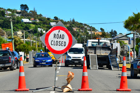CHRISTCHURCH - DEC 07 2015:Road work in Christchurch.The bill for fixing Christchurchs quake damaged roads and underground pipes estimate is $2 billion (USD)のeditorial素材