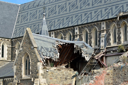 CHRISTCHURCH - DEC 06 2015:ChristChurch Cathedral.The February 2011 Christchurch earthquake destroyed the spire and part of the tower, and severely damaged the structure of the remaining building.のeditorial素材