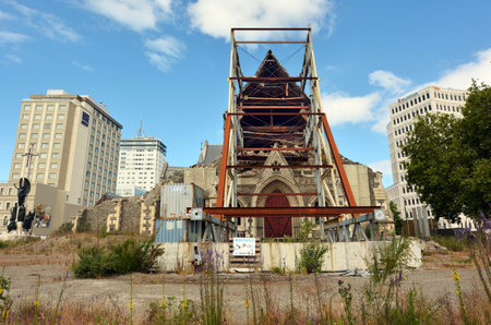 CHRISTCHURCH - DEC 06 2015:ChristChurch Cathedral.The February 2011 Christchurch earthquake destroyed the spire and part of the tower, and severely damaged the structure of the remaining building.のeditorial素材