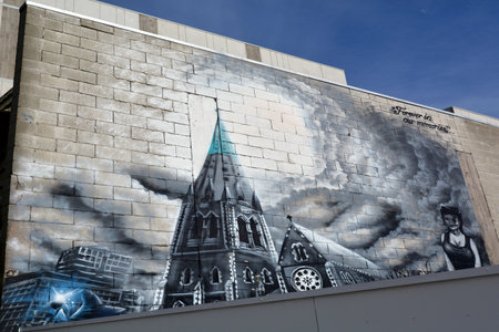 CHRISTCHURCH - DEC 04 2015:Murals in Christchurch.After 2011 Christchurch earthquake that destroyed most buildings in the city street local artist painted empty walls as part of the city's recovery.のeditorial素材
