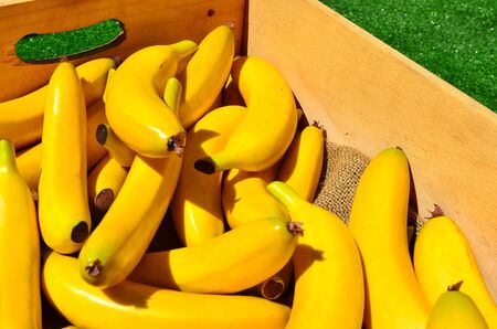 Yellow bananas in a wooden box. Food background and texture with copy spaceの写真素材