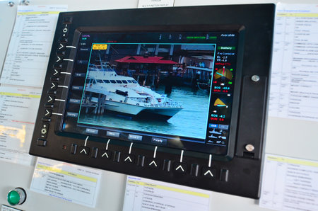 AUCKLAND - JAN 30 2016:Surveillance camera monitor on patrol boat. It's commonly engaged in border...