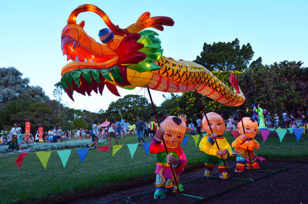 AUCKLAND - FEB 20 2016:Handmade Chinese Dragon lantern in Auckland Lantern Festival.Its the largest Chinese festival in New Zealand with 800 handmade lanterns to celebrate Chinese New Year.のeditorial素材