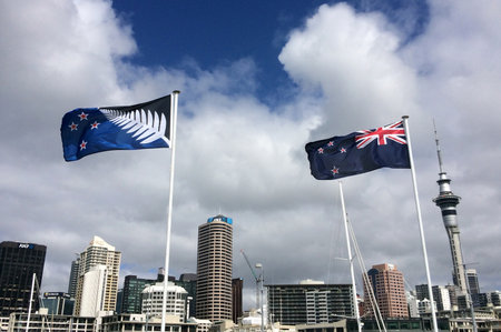 AUCKLAND - FEB 21 2016:New Zealand National flag R and the Silver Fern flag L. After the final referendums voting in the end of March 2016 one of the flags will be the official flag of New Zealandのeditorial素材