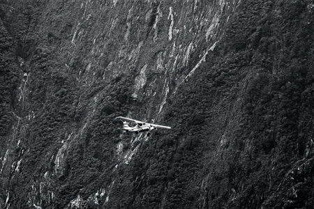 MILFORD SOUND,NZ - JAN 14:Plane fly above Milford Sound during scenic flightseeing on Jan 14 2014.Milford sound is New Zealand's most famous tourist destination. BWのeditorial素材