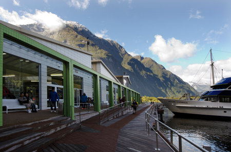 MILFORD SOUND,NZ - JAN 14:Milford Sound boat departure launch Terminal on Jan 14 2014.Milford It's New Zealand's most famous tourist destination.のeditorial素材