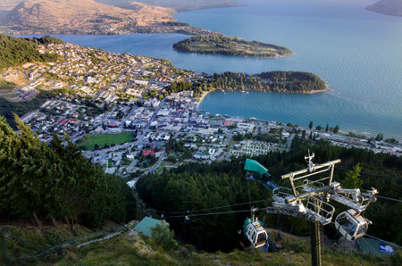 QUEENSTOWN, NZ - JAN 17 2014:Aerial view of Queenstown on Jan 17 2014.It's one of the most popular travel destination in New Zealand known for it's restaurants, ski tourism and extreme sport adventure.のeditorial素材