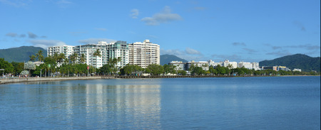 Panoramic landscape view of Cairns waterfront skyline in Queensland Australiaの写真素材