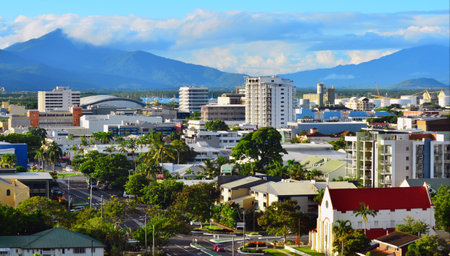 CAIRNS, AUS - APR 18 2016:Aerial view of Cairns, 5th most populous city in Queensland Australia and a popular tourists travel destination for its tropical climate and access to the Great Barrier Reef.のeditorial素材