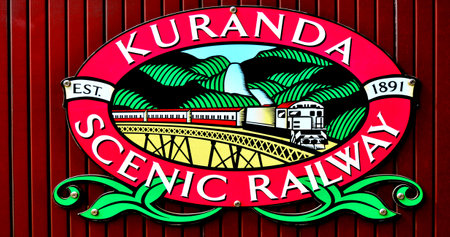 CAIRNS, AUS - APR 17 2016:The sign of Kuranda Scenic Railway, a very popular tourist attraction in the tropical north of Queensland Australiaのeditorial素材