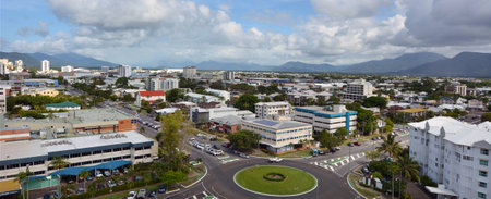 CAIRNS, AUS - APR 14 2016:Aerial view of Cairns, 5th most populous city in Queensland Australia and a popular tourists travel destination for its tropical climate and access to the Great Barrier Reef.のeditorial素材