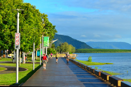 CAIRNS, AUS - APR 15 2016:Cairns Esplanade, a very popular tourist travel destination in Cairns Queensland, Australia.のeditorial素材