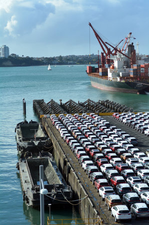AUCKLAND - MAY 22 2016:May new cars on Captain Cook Wharf in Ports of Auckland.In 2012, New Zealand imported 173,000 motor vehicles, mainly from Japanのeditorial素材