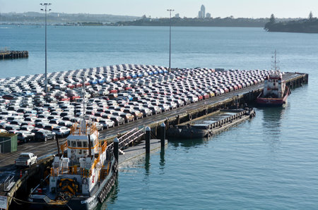 AUCKLAND - MAY 22 2016:May new cars on Captain Cook Wharf in Ports of Auckland.In 2012, New Zealand imported 173,000 motor vehicles, mainly from Japanのeditorial素材