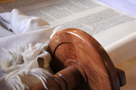 Selective focus of Torah scroll. Jewish lifestyle backgroundの写真素材
