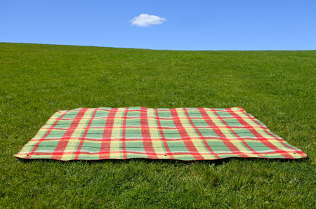 An empty picnic blanket on green grass under blue sky with one cloud. Family holiday concept. copy...