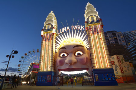 The clown face at the entrance of Luna Park, one of the iconic entertainment precincts in Sydney New South Wales, Australiaのeditorial素材