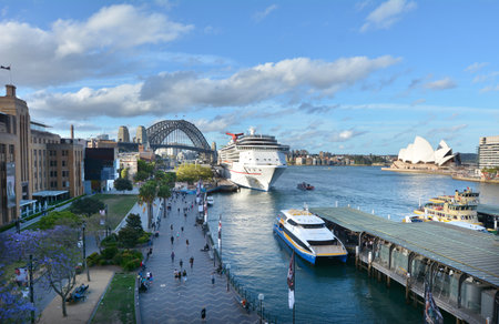 Aerial urban landscape view of Sydney Circular Quay with the Sydney Harbour Bridge and the Opera House at the background at sunset in Sydney New South Wales, Australia.のeditorial素材