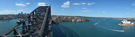 Panoramic Aerial view of Sydney Harbour with Sydney Harbour Bridge and the Opera House from the...