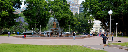 Panoramic landscape view of Archibald Fountain in Hyde Park, the oldest public parkland in Australia located in Sydney New South Wales Australiaのeditorial素材