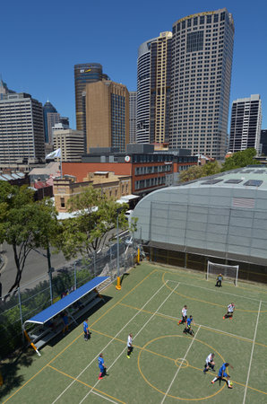 SYDNEY - OCT 18 2016:Aerial view of Australian men play soccer outdoors. Football, is the most played outdoor team sport in Australia,and ranks in the top ten for television audience.のeditorial素材