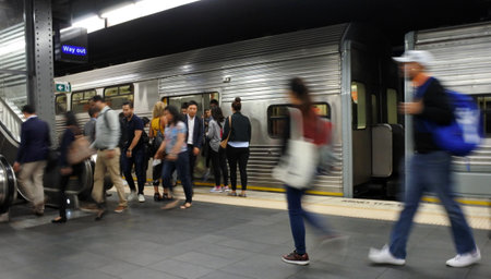 Sydney, Australia - OCT 21 2016: Passengers get off Sydney Trains at Town Hall railway station. Sydney Trains is the suburban passenger rail network serving the city of Sydney, New South Wales, Australia.のeditorial素材