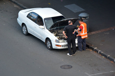 AUCKLAND - MAR 04 2017:Car Breakdown Service Roadside Rescue.A study in Britain show that more than 800,000 British motorists break down every year - because their vehicle runs out of fuelのeditorial素材