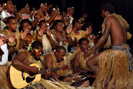 FIJI - DEC 22 2017: Indigenous Fijian people sing and dance a traditional Fijian dance. Real people...