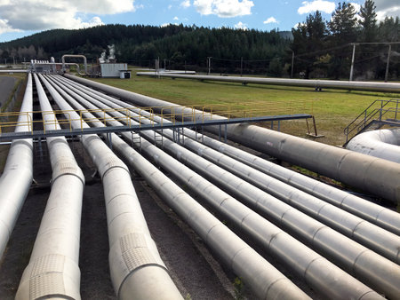 TAUPO, NZL - APR 26 2017: Wairakei geothermal power station, near Taupo New Zealand.  Built in 1958 and it was the first wet steam power station in the world.のeditorial素材