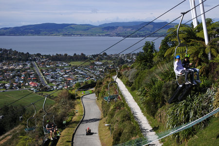 ROTORUA, NZL -  APR 24 2017:Skyline Rotorua Luge   ride. Skyline Luge is a gravity fuelled fun ride. Invented in New Zealand in 1985, and having hosted over 30 million rides worldwide.のeditorial素材