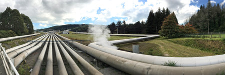 TAUPO, NZL - APR 26 2017: Panoramic landscape view of Wairakei geothermal power station, near Taupo New Zealand.  Built in 1958 and it was the first wet steam power station in the world.のeditorial素材