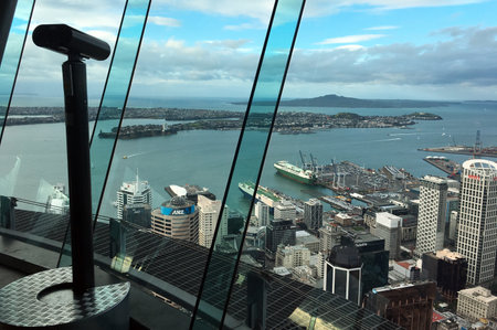 AUCKLAND - AUG 03 2017:The landscape view from Auckland's Sky Tower observation deck.The Sky Tower has stood tall at 328 meters as an icon of Auckland's sky line since 1997.のeditorial素材