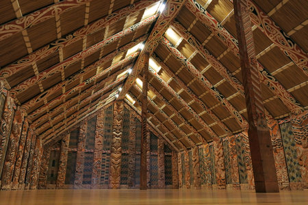 AUCKLAND - NOV 07 2017:Marae, Maori meeting grounds interior. is a communal or sacred place that serves religious and social purposes in Polynesian societies.のeditorial素材