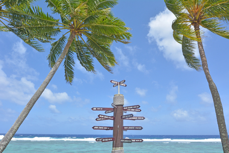 Directions sign post in Rarotonga, Cook Islands.の写真素材