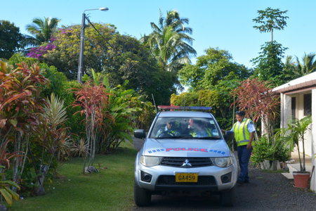 RAROTONGA - DEC 29 2017:Cook Islands police officers vehicle. The Police Service in the Cook Islands has a staff of 107 police officers that a have the lowest paid in the public service.のeditorial素材