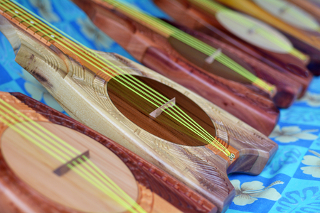 Ukulele guitars in Rarotonga Cook Islands.The ukulele originated in the 19th century as a Hawaiian...