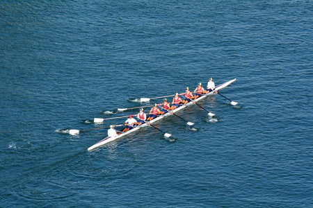 GOLD COAST - NOV 22 2018:Aerial view of Australian rowers in a coxed eight (8+), a sweep rowing boat, In Surfers Paradise Gold Coast, Queensland Australia.のeditorial素材