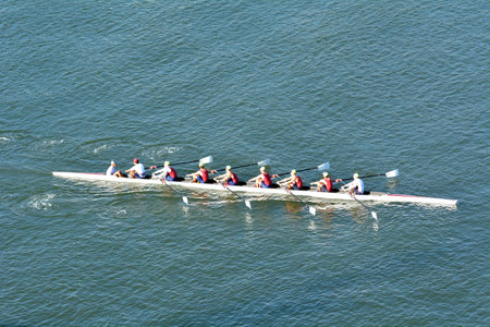 GOLD COAST - NOV 22 2018:Aerial view of Australian rowers in a coxed eight (8+), a sweep rowing boat, In Surfers Paradise Gold Coast, Queensland Australia.のeditorial素材