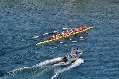 GOLD COAST - NOV 22 2018:Aerial view of Australian rowers in a coxed eight (8+), a sweep rowing...
