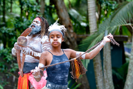 Young adult Indigenous Australianwoman dancing in Queensland, Australia.の写真素材