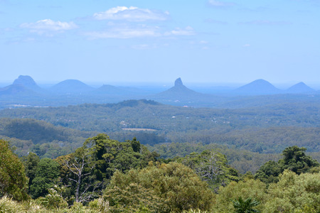 Landscape view of the Glass House Mountains, a popular tourist destination in the Sunshine Coast in Queensland, Australiaの写真素材