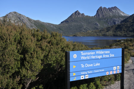 Cradle Mountain, Tasmania - March 27, 2019:  Direction sign of Cradle Mountain-Lake St Clair National Park that form the Tasmanian Wilderness World Heritage Area, inscribed since 1982 on UNESCO's World Heritage register.のeditorial素材