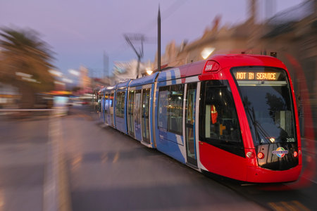 Adelaide, South Australia - April 23 2019: Light rail tram in Glenelg, the train runs between adelaide and Glenelg, South australia.のeditorial素材