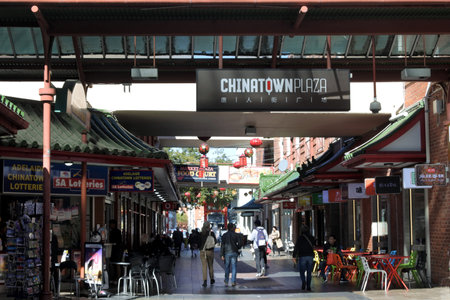 Adelaide, Australia - May 06 2019: People shopping at Adelaide Chinatown, a popular tourist attraction consists mainly of Chinese restaurants and Chinese grocery stores in Adelaide, South Australia.のeditorial素材