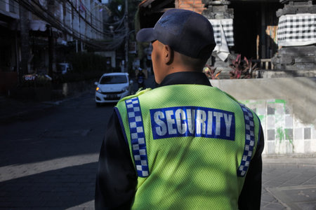 Bali, Indonesia - July 23 2019:Security person guarding main street in Kuta Bali Indonesia.Bali has been on a high security alert for Australians tourists since 2002.のeditorial素材