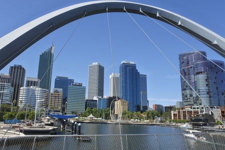 PERTH, WA - NOV 11 2019:Perth financial center skyline as view from Elizabeth Quay Pedestrian Bridge. Perth is the capital and largest city of the Australian state of Western Australiaのeditorial素材