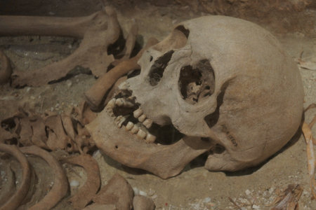 Perth, Western Australia - November 27 2019: Human facial skeleton side view. The human skull is the bony structure that forms the head in the human skeleton. It supports the structures of the face and protects the brain.のeditorial素材