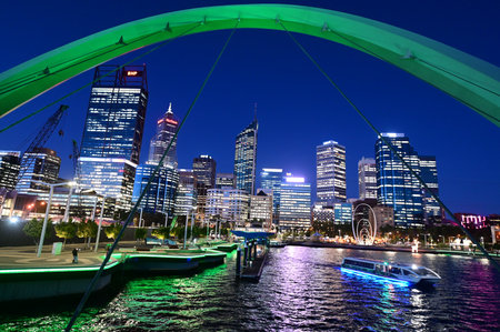Perth, Western Australia - November 21 2019: Perth central business center skyline as view from Elizabeth Quay Pedestrian Bridge at night. Perth is the capital and largest city of the Australian state of Western Australiaのeditorial素材