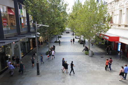 PERTH-JAN 15 2020:Aerial view of traffic on Murray Street Mall, a very popular tourist attraction in Perth the capital city of Western Australia State, Australia.のeditorial素材