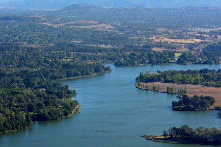 Aerial landscape view Lake Burley Griffin in  Canberra the capital city of Australia located in the ACT, Australian Capital Territory, Australia.の写真素材